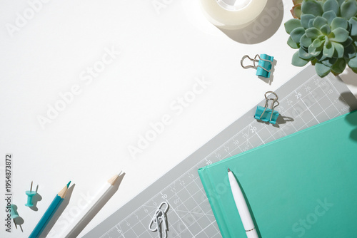 Bild auf Leinwand Green and gray workspace flat lay with notebook and clips for creative planning on white background