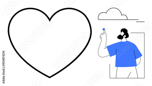 Love, self-expression, communication, creativity, relationships, abstract design. Large heart outline with a man in a blue shirt holding a small symbol, accompanied by a cloud. Love