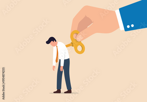 Exhausted employee recharged, power up or wind up to stimulate or motivate fatigue person concept, manager big hand turn wind up key or winder clockwork to motivate businessman office worker.