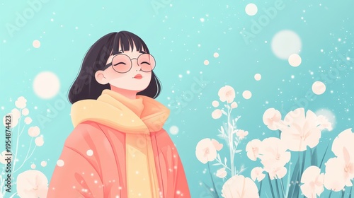 Girl in pink coat yellow scarf stands against blue young girl poses wearing vibrant coat scarf against blue