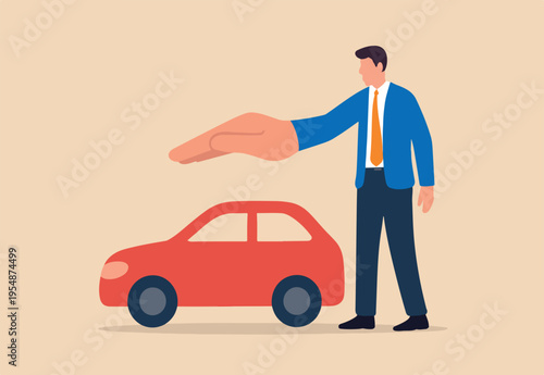 Car insurance or automobile protection, vehicle safety guard or assurance cover for transportation accident, security shield concept, businessman hand gently cover car metaphor of car insurance