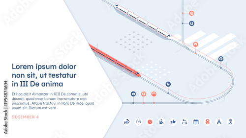 Passenger transportation by rail. A cover template for a presentation, booklet, or report depicting passenger trains and railways in an isometric projection