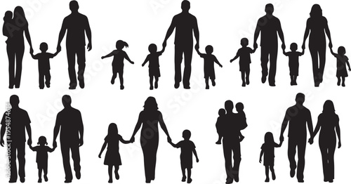 Black silhouette of diverse people in various poses and activities activity des