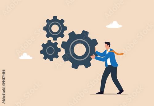 Workflow management, working process optimization for best outcome, team management or development plan and procedure concept, businessman cogwheels workflow system for best result
