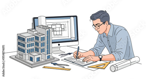 Vector illustration of architect working on building design