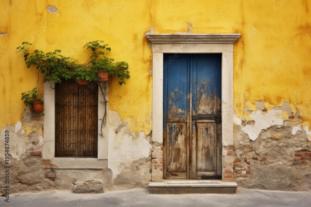 Fototapeta premium Old building facade featuring peeling paint, a blue door, and a window with plants