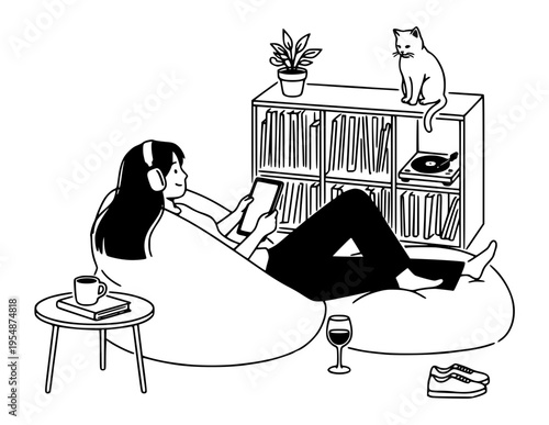 Woman relaxing on beanbag with cat