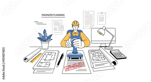 Vector illustration of engineer planning with desk tools