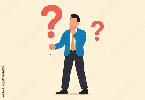  Question marks, finding solution or search for answer, solving problem or curiosity, questionnaire, FAQ or uncertainty concept, doubtful businessman holding question marks balloon look for solutions