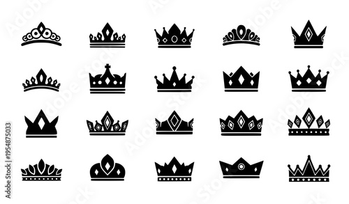 Black crown icon collection with king and queen tiaras simple luxury royalty vector set