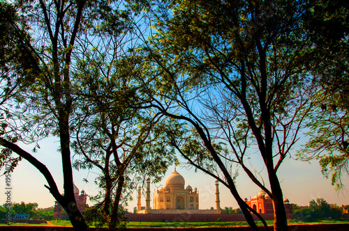 Taj Mahal as seen from across the Yamuna River, Agra, India.