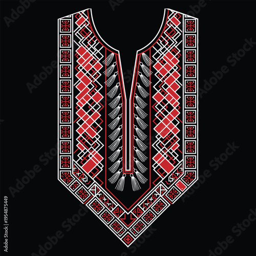 Elegant white fabric shirt neckline featuring traditional red embroidered geometric pattern design