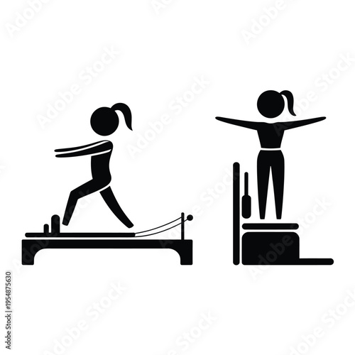 Pilates exercise illustration featuring a reformer and a spine corrector