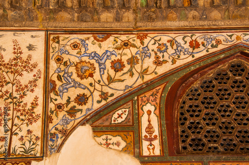 Detail of decoration and on the wall of Itmad-Ud-Daulah's tomb, Agra, Uttar Pradesh, India.
