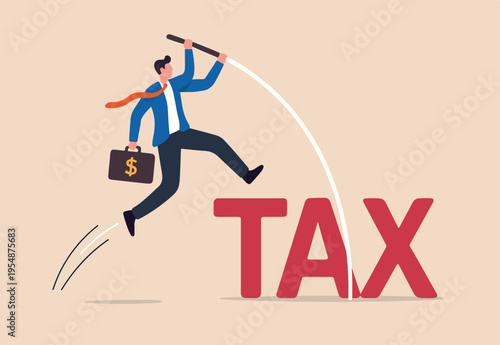 Overcome tax problem, expert advice for taxation or financial challenge concept, confidence businessman holding money briefcase pole vault jump over the word TAX
