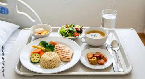 Hospital food tray with grilled chicken, rice, vegetables, salad, soup, and a drink, representing healthcare meals and patient nutrition