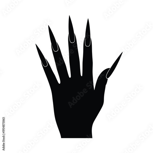 A stark black silhouette of a hand with dramatically pointed fingernails