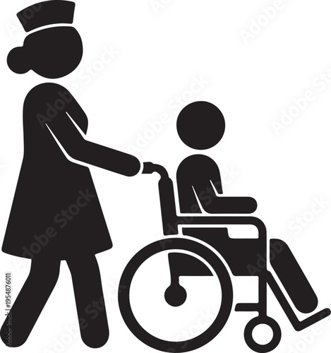 Nurse pushing wheelchair patient silhouette icon for hospital care