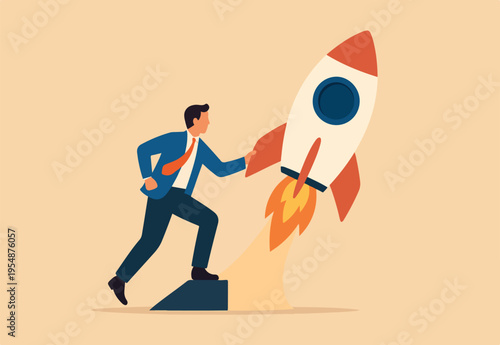 Solopreneur solo entrepreneur, working alone or startup business owner, founder or entrepreneurship, independent developer, freelancer concept, businessman entrepreneur launching company rocket alone.