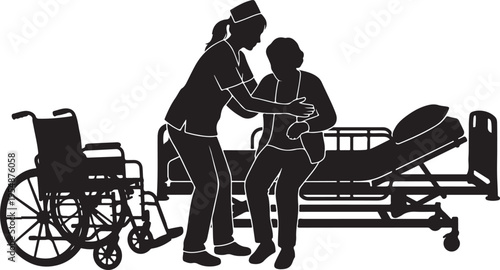 Nurse helping patient stand near hospital bed with wheelchair silhouette