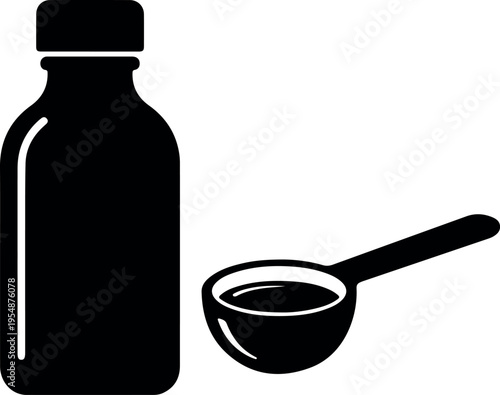 Medicine bottle with dosing spoon silhouette for cough syrup dosage