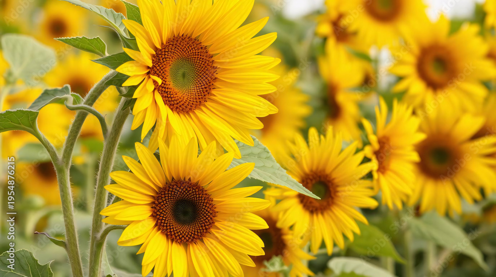 Obraz premium Sunflower Symphony: A vibrant field of sunflowers in full bloom basks in the sun, creating a visually stunning spectacle of nature's beauty and the radiance of summer.