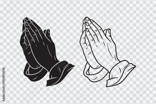 Praying Hands Vector Set Black White Spiritual Gesture Illustration