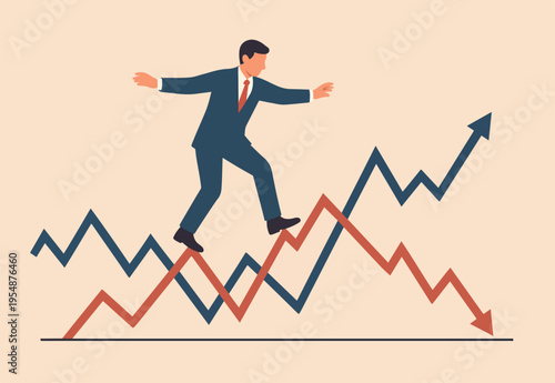 Risk and uncertainty, investment volatility or stock market and crypto currency fluctuation up and down, all weather strategy concept, businessman acrobat planning to walk on risky investment graph.