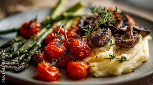 Delicious gourmet meal featuring roasted cherry tomatoes, sautéed mushrooms, asparagus spears, and creamy mashed potatoes garnished with fresh thyme