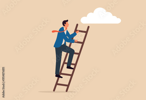  Progress to next level, career development or business improvement reaching better quality, growth or growing concept, ambitious next level Businessman climbing ladder