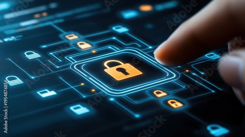Hand touches digital padlock symbolizing security human hand engages with digital security padlock
