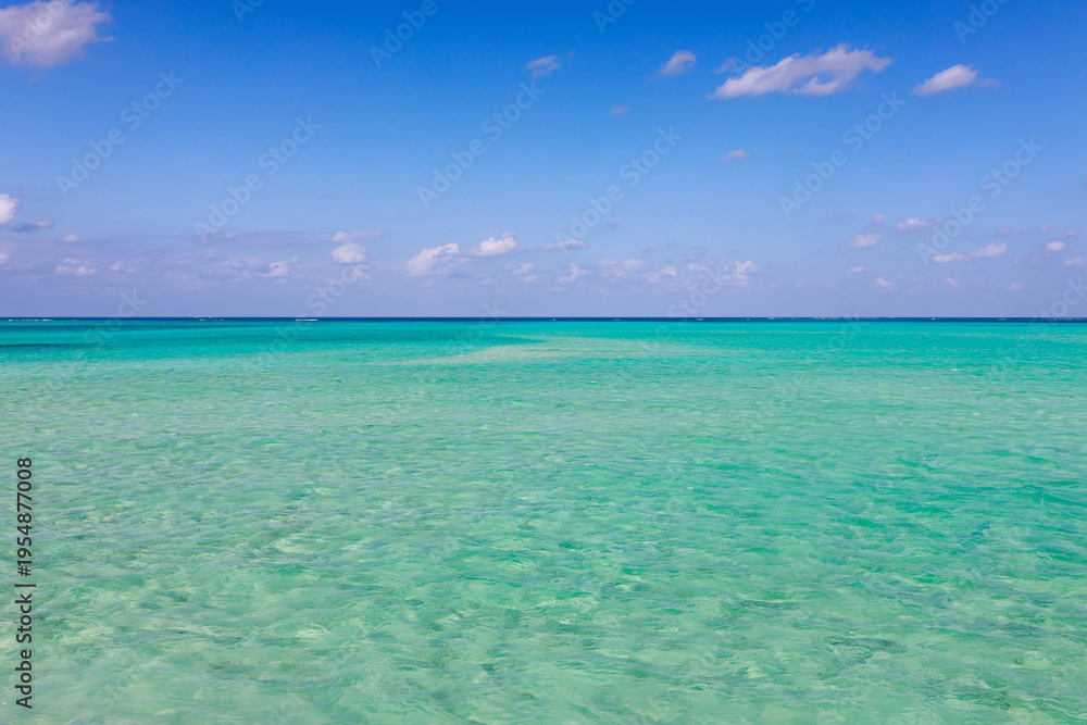 Obraz premium Clear turquoise ocean under blue sky with horizon 青空の下に広がる透明なエメラルドの海
