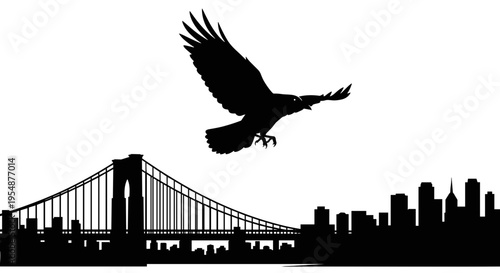 Eagle flying over city bridge.