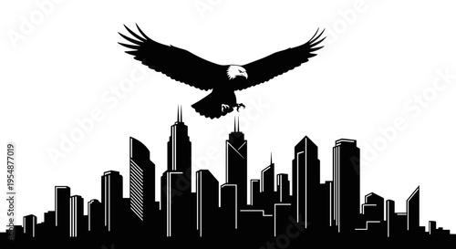 Eagle flying over city skyline.