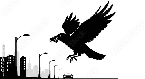 Eagle flying over cityscape silhouette.