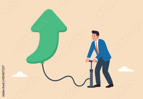 Growing business, raising income or wages, growth or improvement, increase price, interest rate or inflation, rising , businessman inflate air pump into floating green arrow up