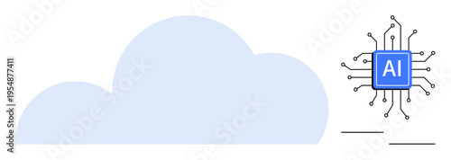 Cloud computing, artificial intelligence, digital transformation, technology integration, data processing, machine learning. A cloud alongside an AI chip with circuits. Cloud computing and artificial