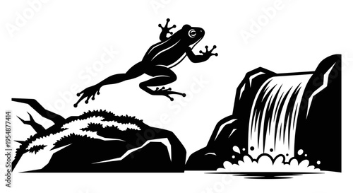 Frog jumping from rock waterfall.