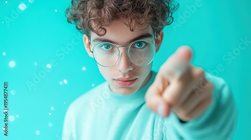 Young man with curly hair points at camera person with curly hair gestures forward with index finger