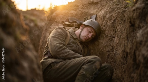 Soldier resting in a trench during a moment of respite