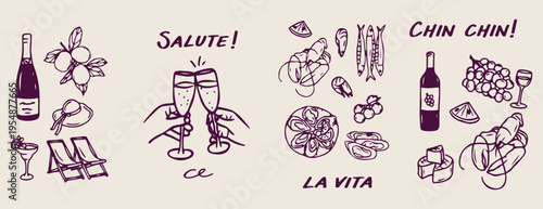 Hand-drawn Italian food and drink doodles, rustic line art restaurant icons, vintage food sketch, traditional meal collection, antipasti and wine, social dining elements, Mediterranean gastronomy illu