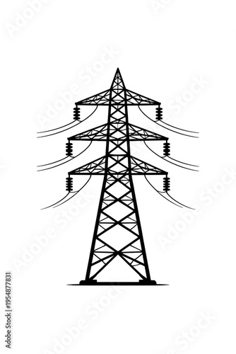 Striking vector graphic of a high-voltage electricity transmission pylon, an essential power tower structure with multiple power lines, vital for electrical grid distribution, robust energy supply inf