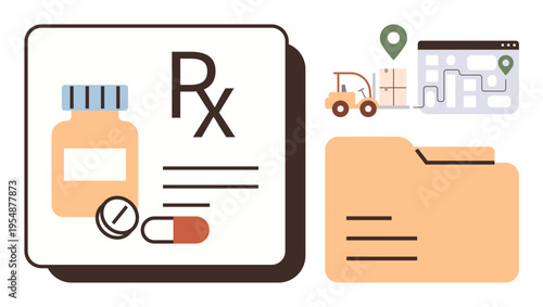 Pharmaceutical logistics, shipment tracking, inventory management, healthcare distribution, prescription handling, supply chain optimization. Medication bottle, pills, folder route map