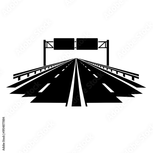 Dynamic black and white vector illustration depicting a modern multi-lane highway stretching to the horizon with clear lane markings, protective guardrails, and an overhead sign gantry, symbolizing jo
