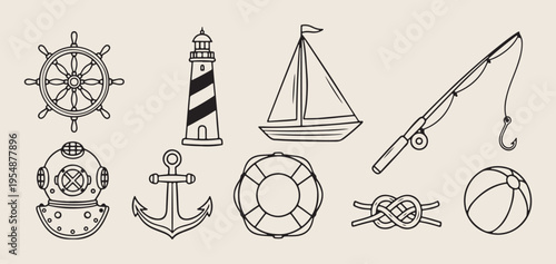 Nautical hand drawn lighthouse icon set, sailing boat vintage doodle collection, marine anchor lifebuoy sketches, sea adventure minimalist outline, ocean travel elements for design, 