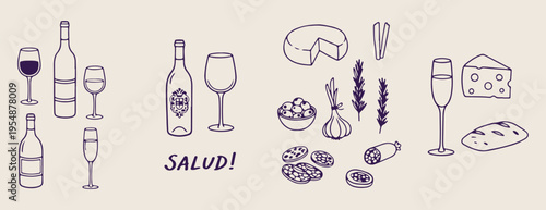 Salud typography with food and wine doodles, hand-drawn dining elements, rustic line art meal icons, vintage food sketch, Spanish and Italian culture, gathering and celebration, social dinner illustra