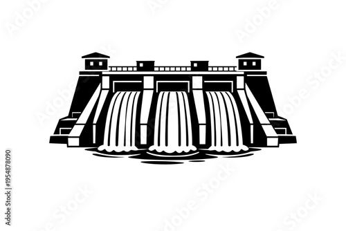 Stylized vector illustration of a massive hydroelectric dam with multiple gates releasing powerful water streams, symbolizing renewable energy generation, water resource management, and robust enginee