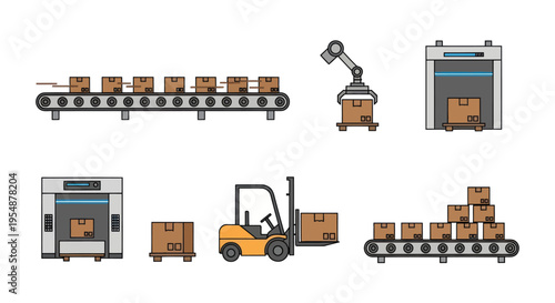 warehouse logistics, industrial conveyor belt and forklift