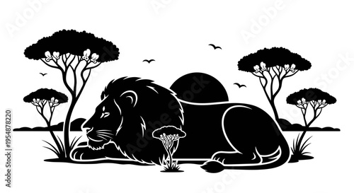 Lion resting in savannah landscape.