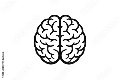 Black outline vector illustration of a human brain icon, shown from a top-down view on a pure white background, symbolizing intelligence, thought, memory, learning, creativity, and cognitive functions